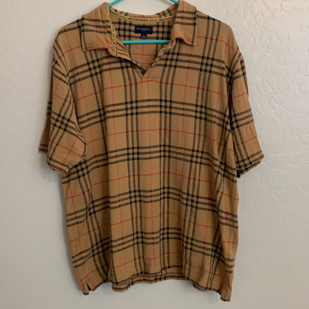 Burberry Golf Classic Nova Check Plaid Men’s Tan Polo Shirt Sz L
